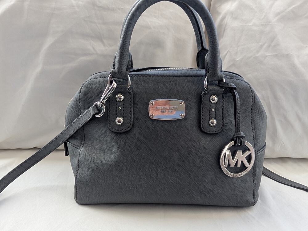 Michael Kors Reese Gray Saffiano Zip Satchel Top Handle Bag Crossbody Strap